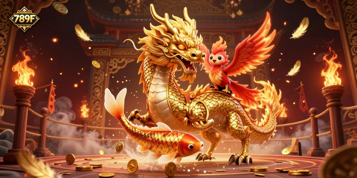 Immerse yourself in the world of 789F's online gaming with this vibrant 3D depiction of a golden dragon, phoenix, and koi fish in a rich, dynamic casino setting.