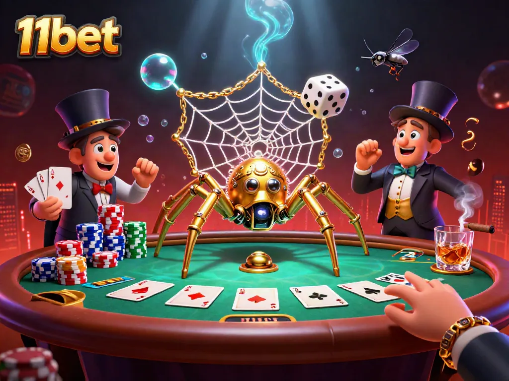 Unlucky dice caught in a golden spider web, 11bet casino gaming scene with poker and rich details.