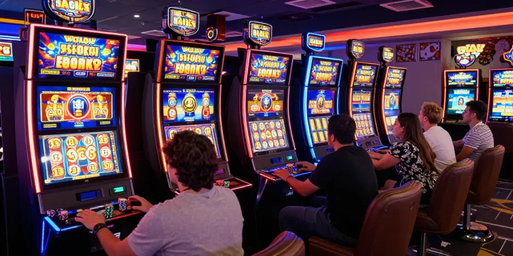 Slot gacor gaming scene with players enjoying vibrant slot machines in a lively lounge.