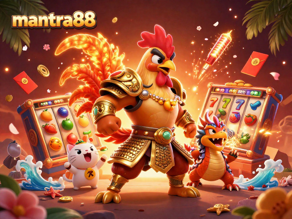 Engage with mantra88's thrilling slot action featuring a majestic rooster warrior and a dragon hatchling in vibrant casino settings.