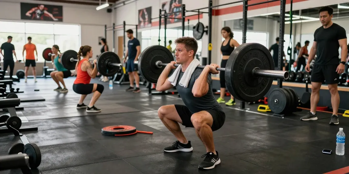 Steroid Shop - Bodybuilder performing squats in a vibrant gym, showcasing strength and determination.