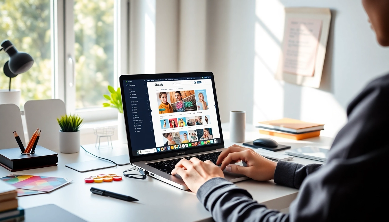 Designer engaged in Shopify theme customization at a bright workspace with colorful design tools.