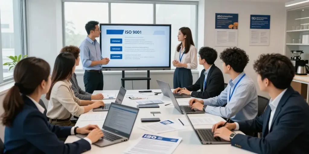 ISO Certification in Pakistan training workshop with diverse participants learning in a modern office setting.
