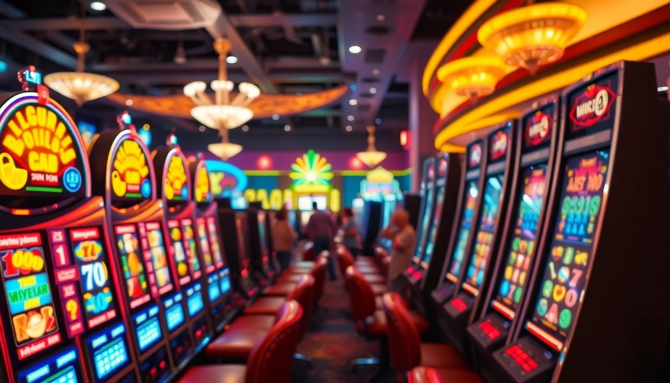 Experience the thrill of slot gambling at buzzing casino machines, with vibrant colors and lively atmosphere.