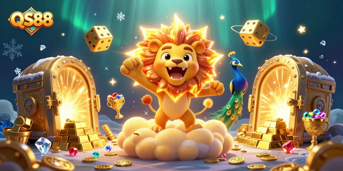 QS88 features an epic 3D illustration showcasing a roaring lion, golden dice, and treasure vaults capturing the casino adventure.