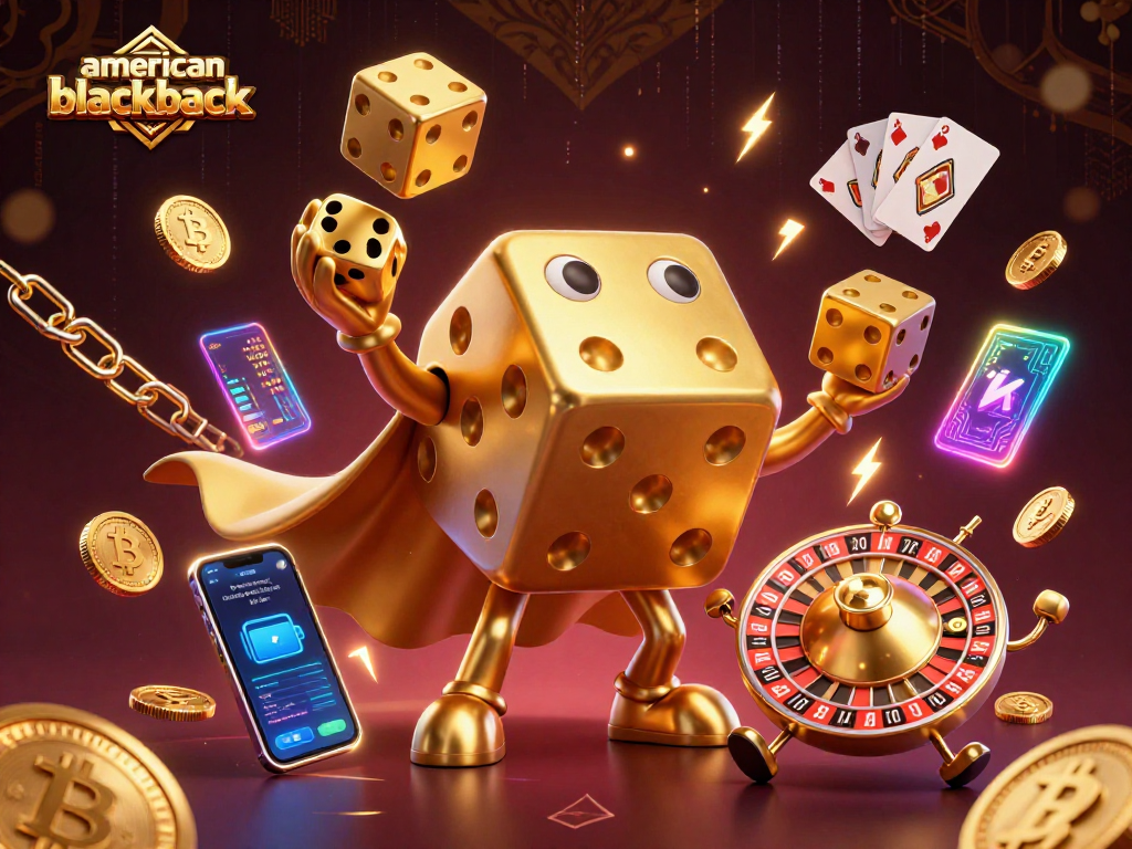 Engage with american-blackjack as a fun 3D illustration of game elements and dice in a lively casino scene.