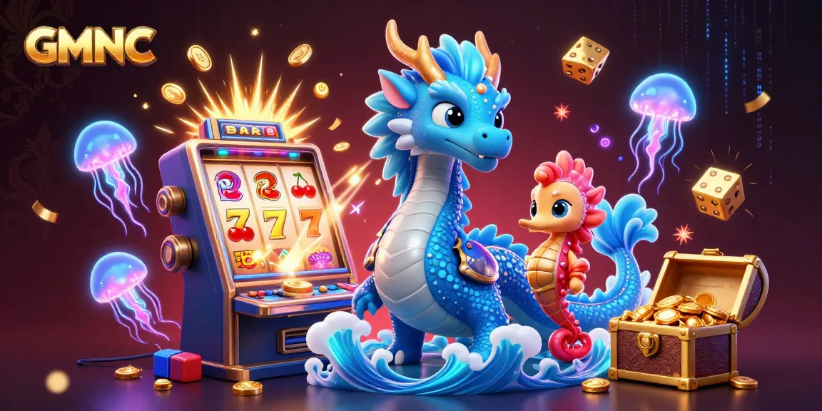 Experience the excitement of GMNC with vibrant dragons and neon jellyfish at a bustling casino scene.