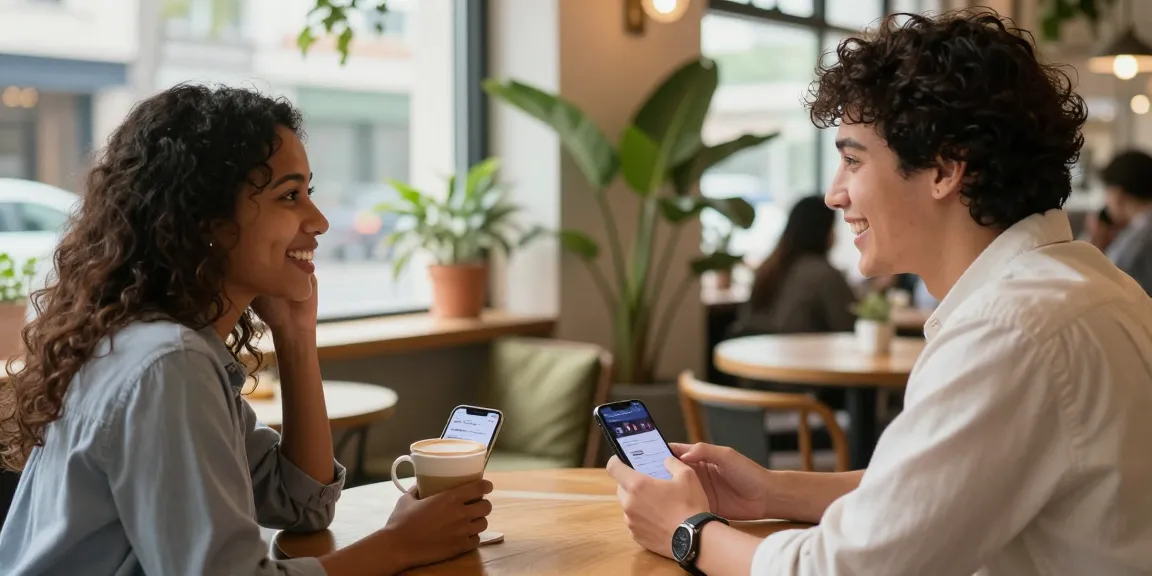 Two singles engaging in dating conversation over coffee, showcasing the dating app experience.
