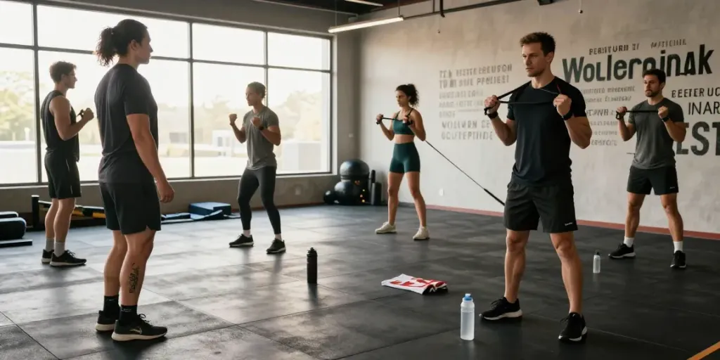Athletes utilizing the Wolverine Stack peptide therapy during a group workout session in a bright gym environment.