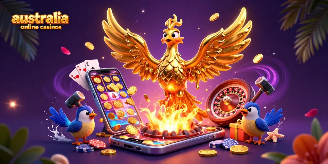 Engage with top australia online casinos through this vibrant phoenix-themed 3D casino illustration.