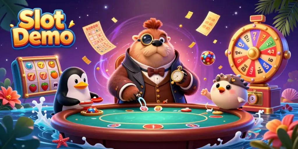 Play Slot Demo with engaging characters amid spinning reels, colorful elements, and a vibrant atmosphere