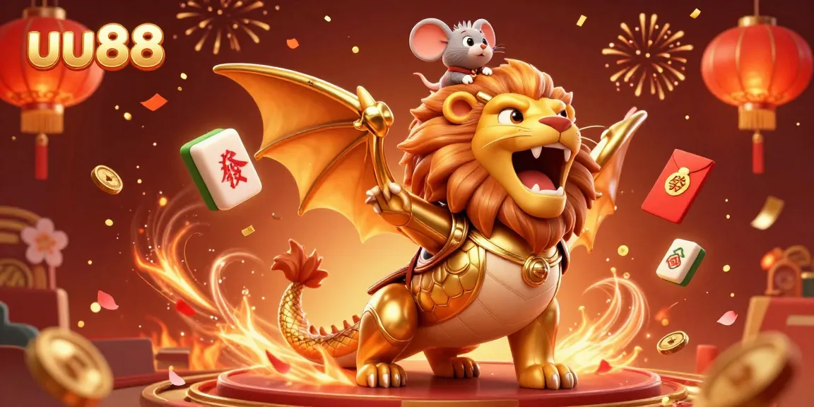 Experience the thrilling joy of uu88 with a vibrant casino illustration featuring a roaring chimera and festive decorations.