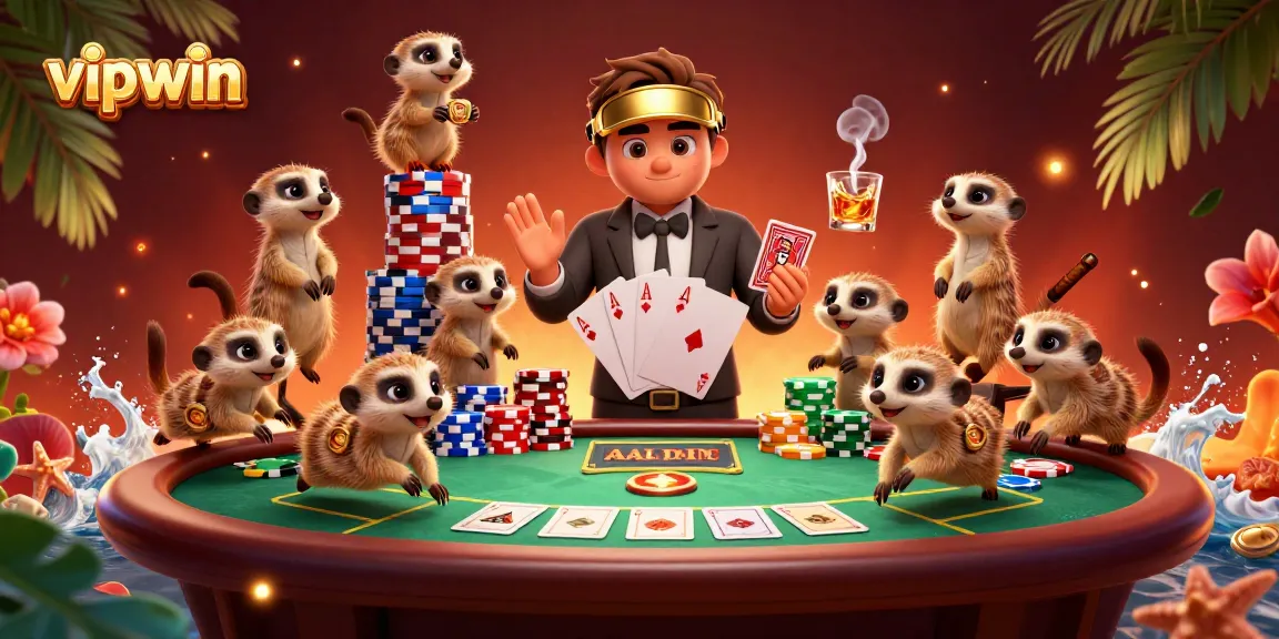 Experience thrilling gameplay at vipwin with meerkats managing a vibrant casino.