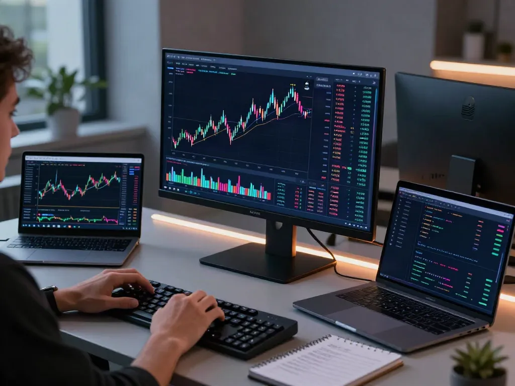market data API for AI agents showcased in advanced crypto trading setup with dynamic screens and analytical tools