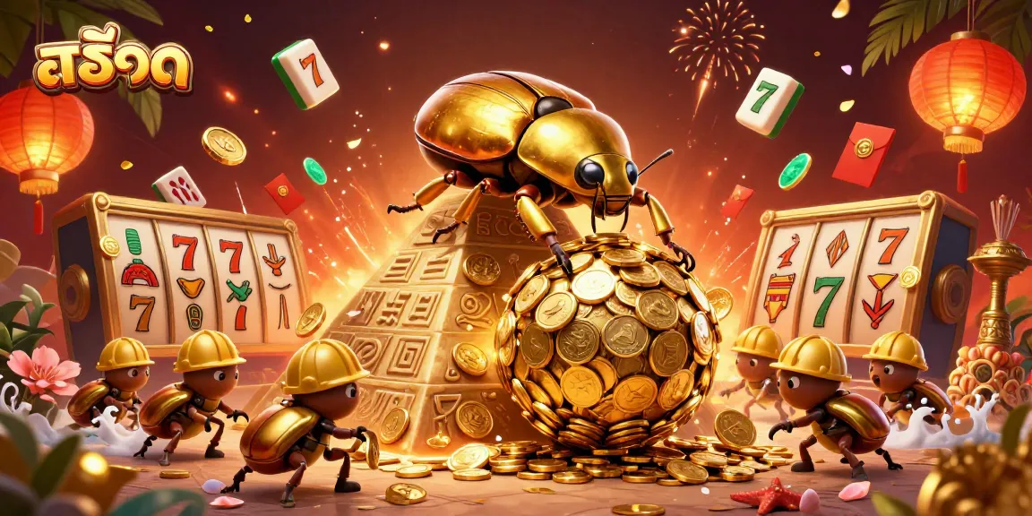 Experience สล็อต excitement with a golden beetle rolling coins up a pyramid in vibrant casino art.