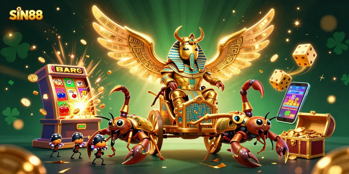 SIN88 showcases a vibrant casino scene with a golden scarab beetle and slot machines exploding with rewards.