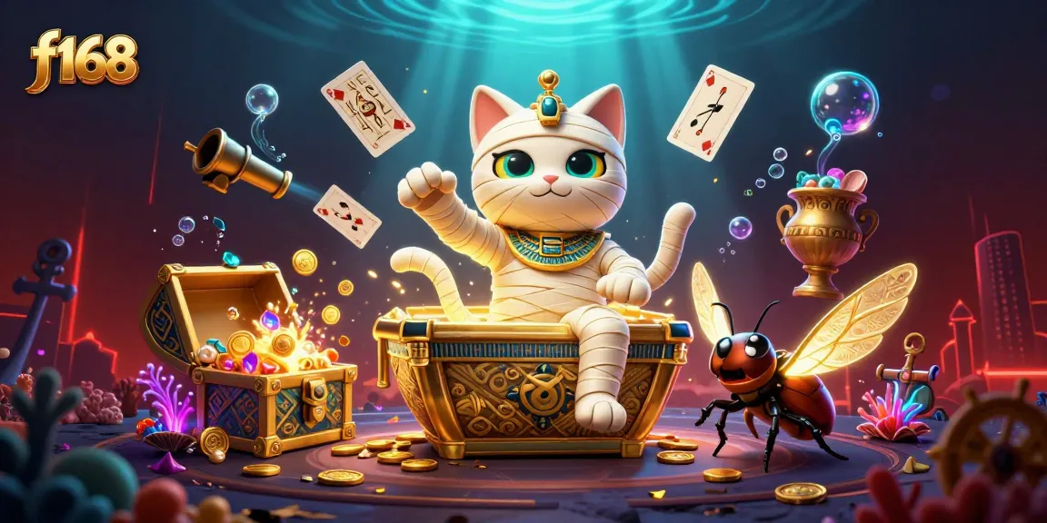 Enjoy f168's thrilling gaming adventure with a mummy cat and scarab in a vibrant casino