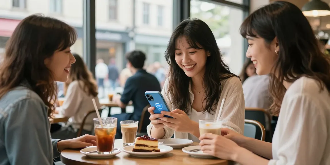 Woman exploring how old do I look with friends at a café.