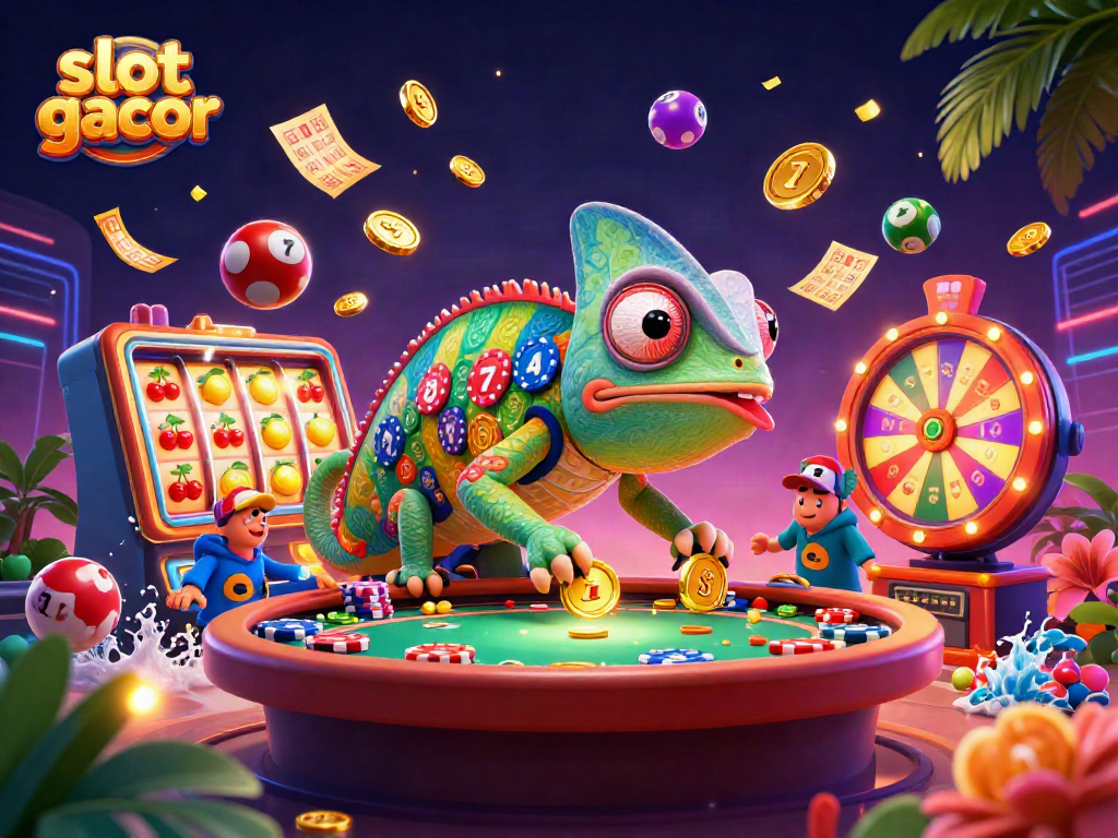 Spin to win on slot gacor games with the vibrant chameleon casino owner in a dynamic illustration.