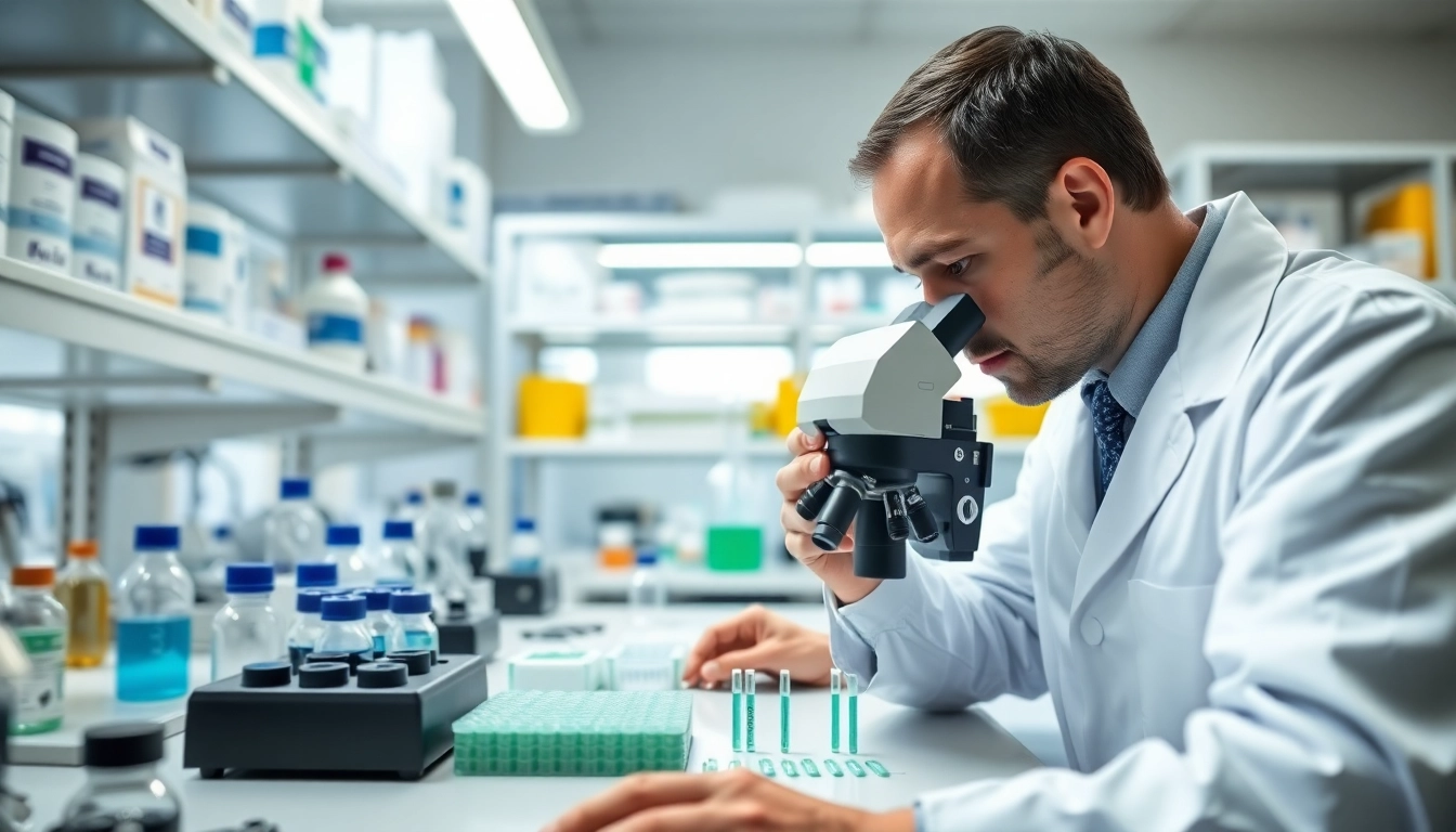 Analyzing research peptides in a professional lab setting with advanced equipment.