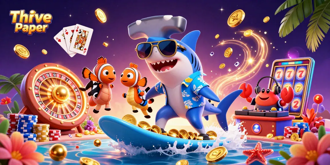 Thrive Paper showcases a vibrant casino scene with a shark surfing coins, highlighting gaming excitement.