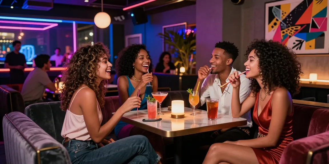 Vibrant urban nightlife scene featuring groups enjoying drinks at 오피사이트.