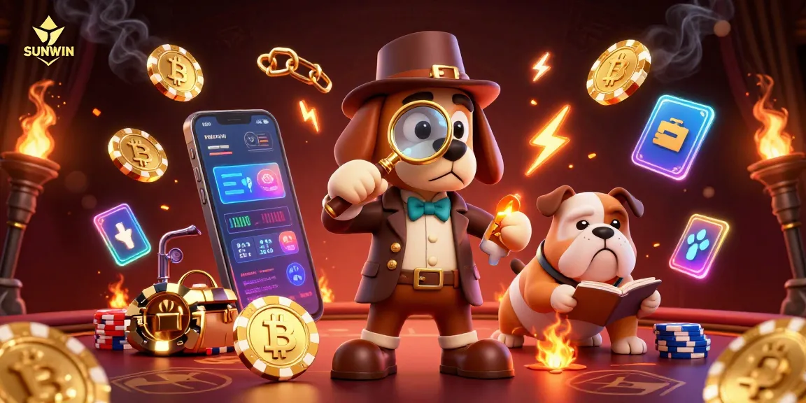 Engage with SUNWIN as a detective investigates poker chips amidst crypto coins and gaming elements.