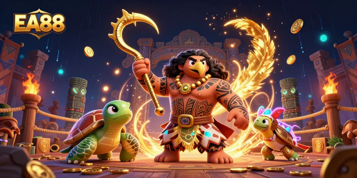 EA88 offers a vibrant casino experience with glowing tiki and dynamic gaming elements.