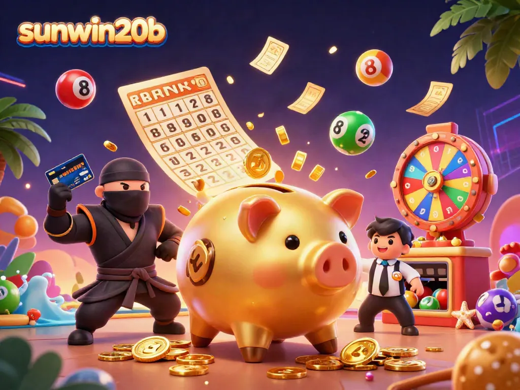 Experience thrilling gaming at sunwin20b with a golden piggy bank sumo wrestler and exciting casino elements.
