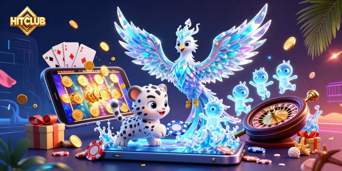 Engage with HITCLUB's vibrant casino scene featuring an ice phoenix, poker chips, and slot games.