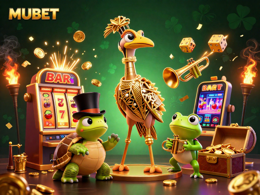MUBET brings luck alive in a vibrant casino scene with cartoon characters, slot machines, and joyous decor.