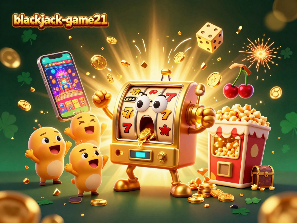 Experience excitement with blackjack-game21 as golden slot machines celebrate a big win, showering coins.
