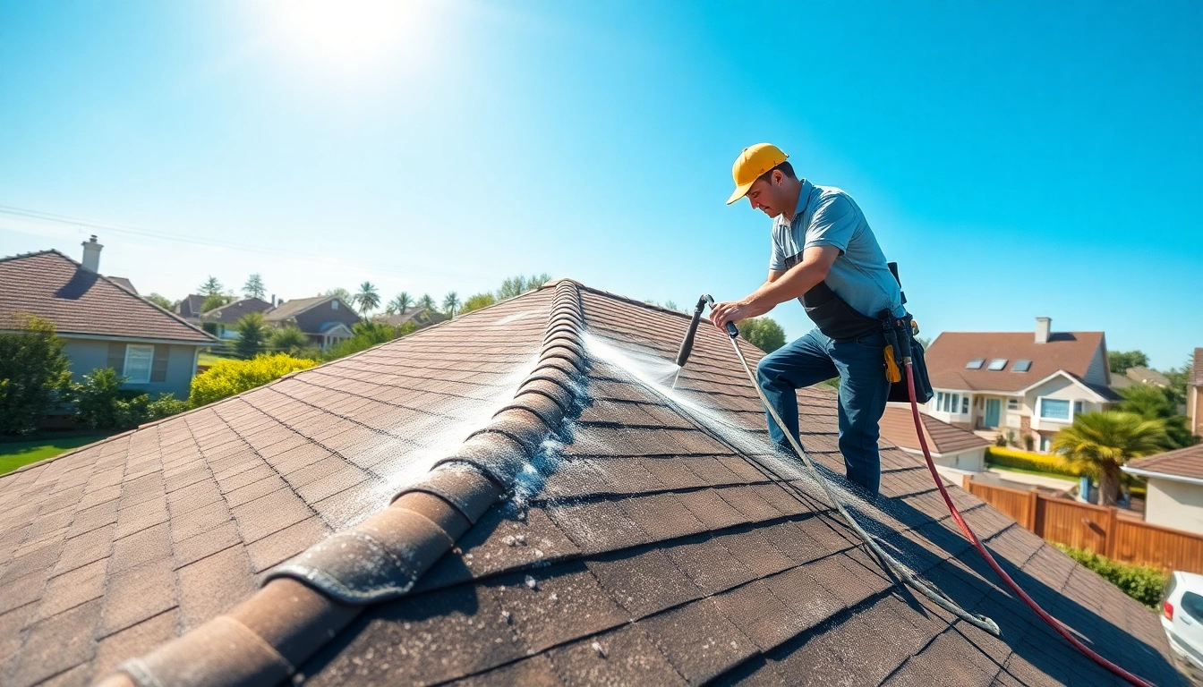 Technician performing roof cleaning service on a residential rooftop using soft wash techniques.