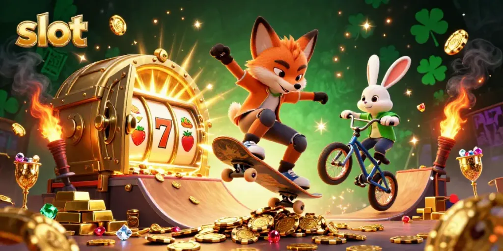 Slot menggoda dengan karakter rubah ber-skatboard di atas chip poker emas.