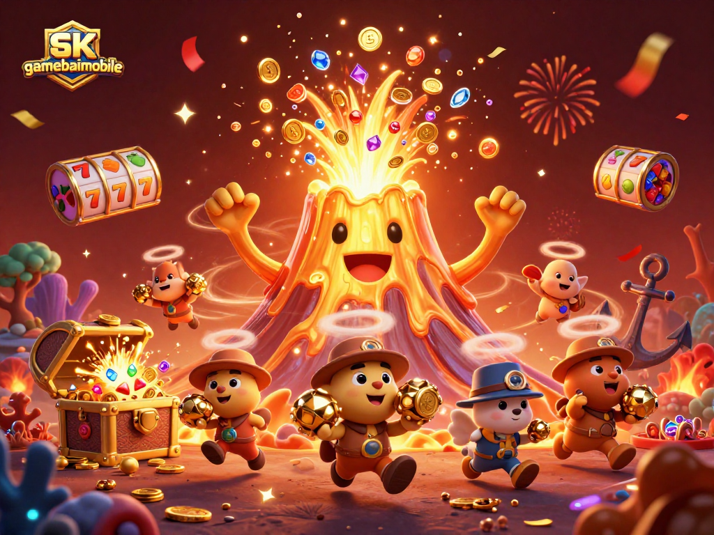 Gamebaimobile showcases a golden volcano and treasure erupting, embodying casino excitement.