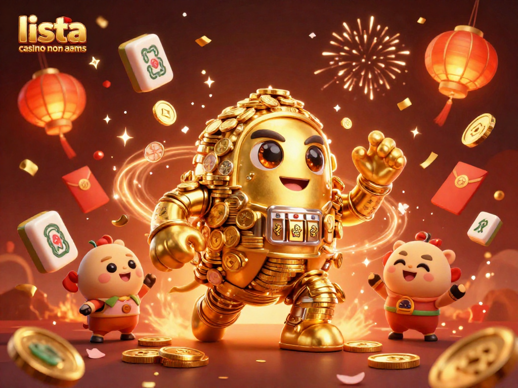 Esplora la lista casino non AAMS con questa vivace illustrazione 3D di un golem che trasuda fortuna e simboli di vincita.