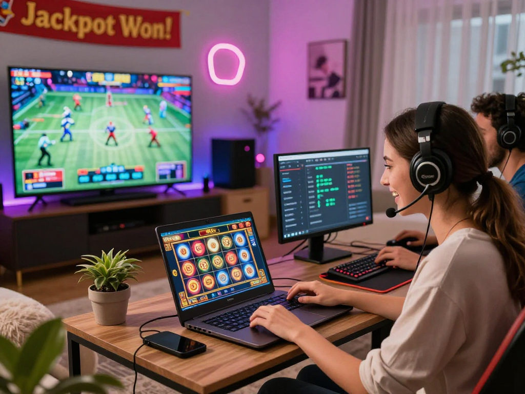 Diverse players enjoy situs888 online gaming in a vibrant live casino atmosphere, featuring slot games and sports betting.