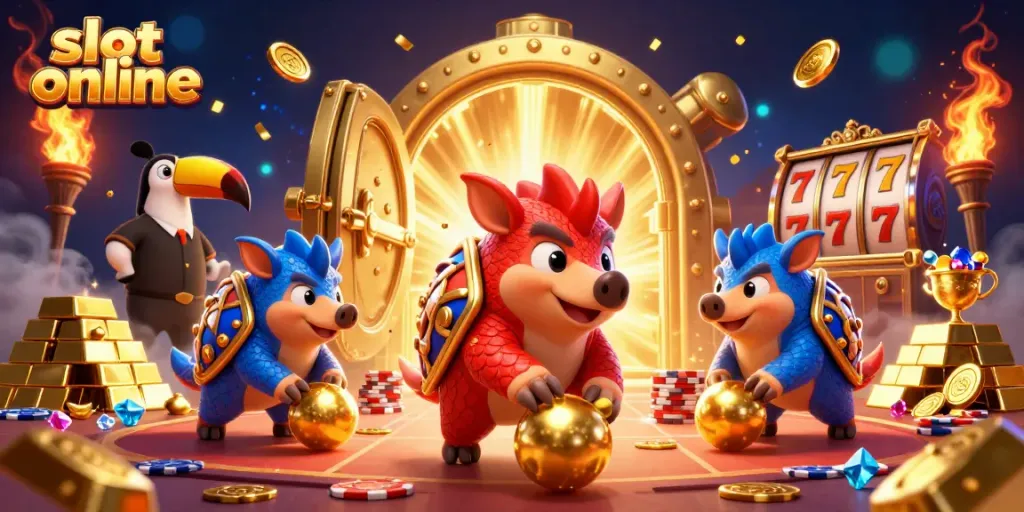 Menangkan slot online dengan dua pangolin bersaing di antara tumpukan chip poker dan simbol keberuntungan.