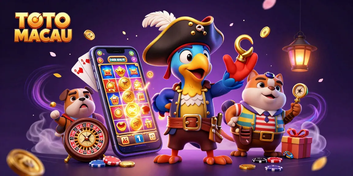 TOTO MACAU slots scene featuring a pirate captain and companions amidst vibrant game elements and coins.