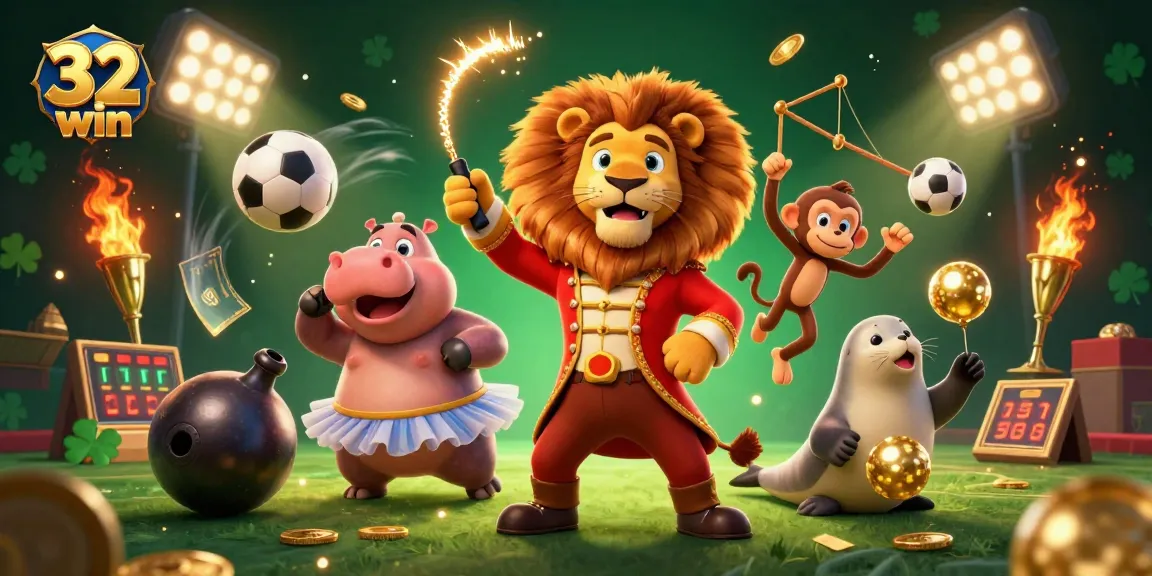 32 win showcases vibrant circus characters in a packed casino scene, highlighting game excitement.
