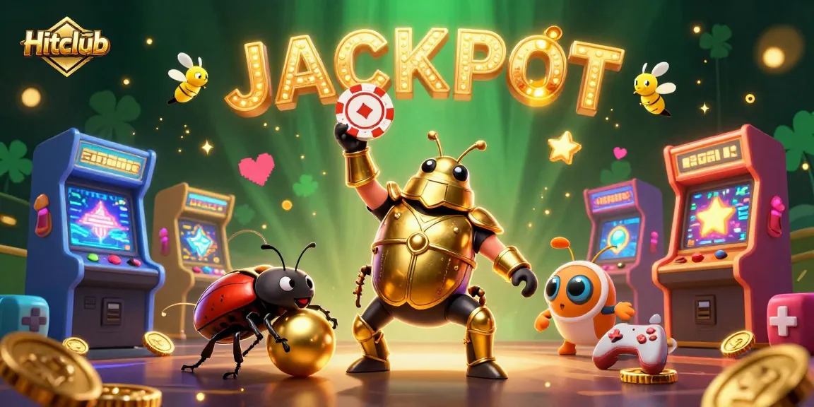 Hitclub showcases a victorious beetle in golden armor among gaming elements and golden balls.