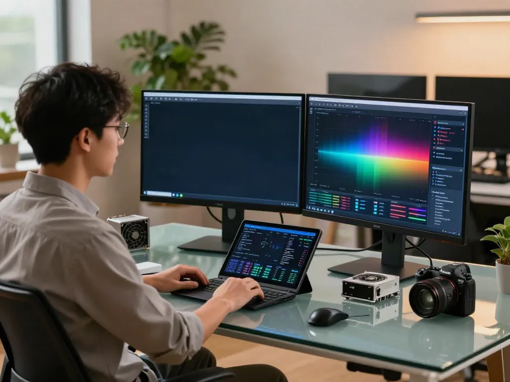 Data analyst focused on GPU computing performance in a modern office.