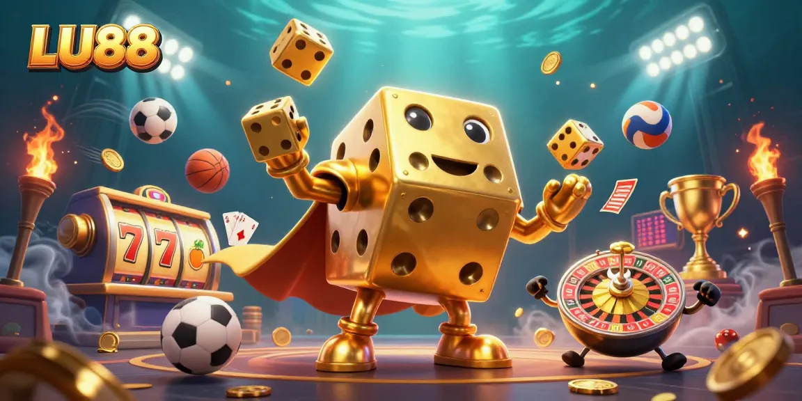 LU88 massively showcases golden dice golem juggling smaller dice amidst rich casino elements.