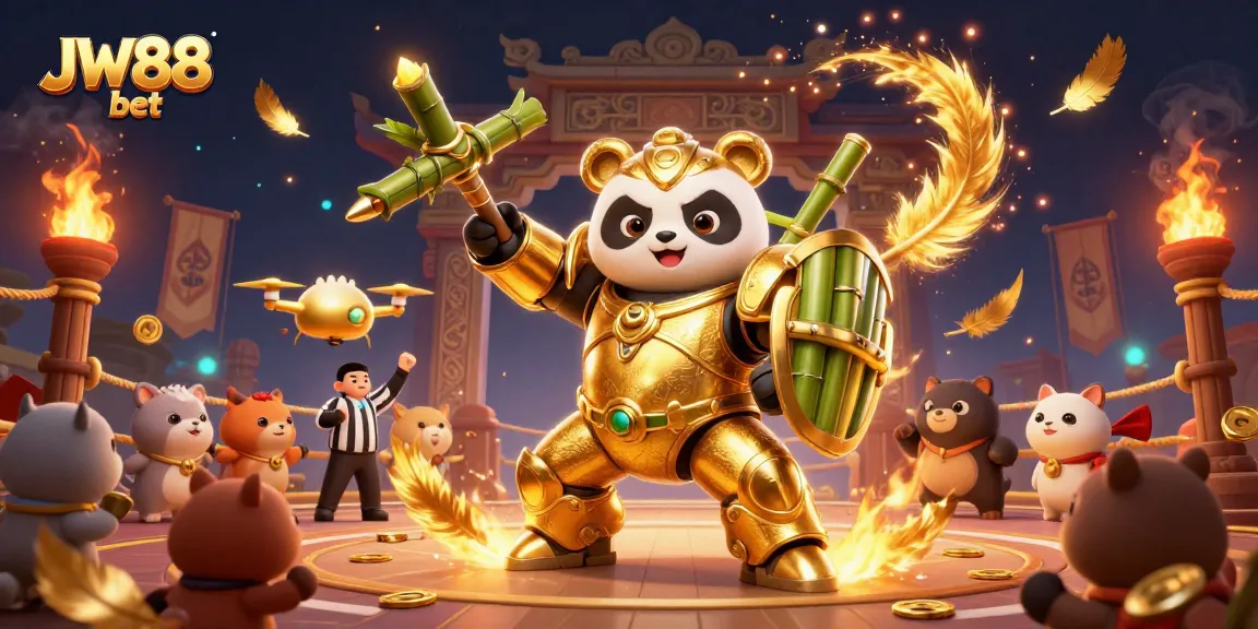 Experience thrilling action in JW88 bet with a golden panda mech-suit battling in a vibrant casino arena.