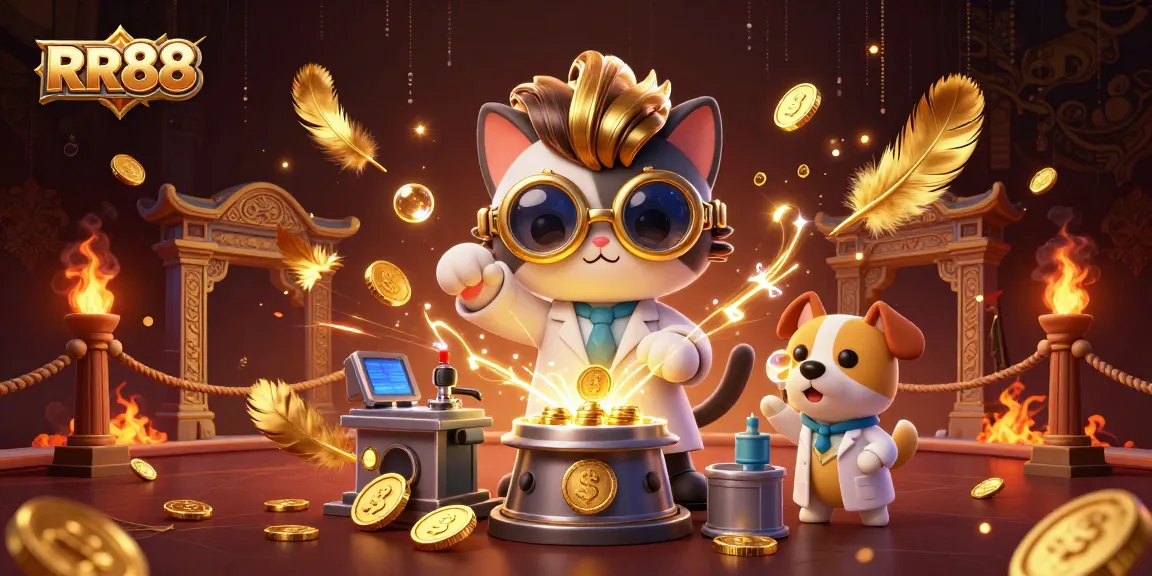 Win big with RR88 at this vibrant 3D casino scene featuring gold coins and exciting game elements.