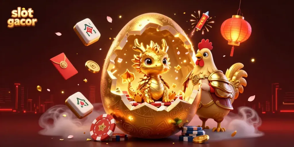 Experience the excitement of slot gacor with a magical baby dragon guarding poker chips amidst vibrant casino symbols.