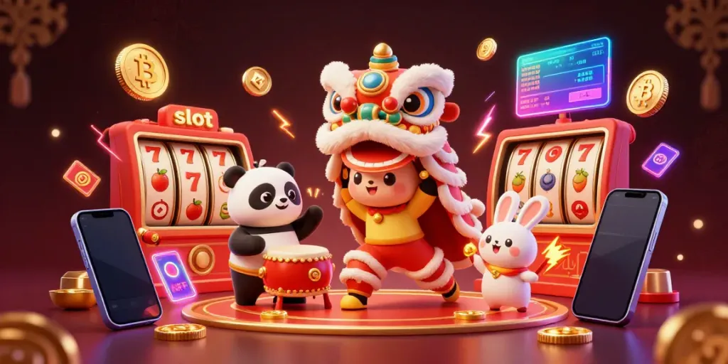 Mengguncang slot dengan keberuntungan, karakter tarian singa Cina, panda menabuh drum, dan kelinci.