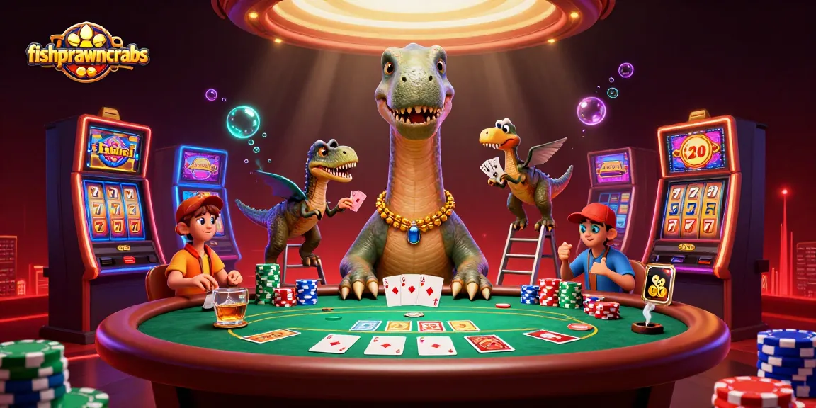 Fishprawncrabs showcases a 3D animated scene featuring a colossal brontosaurus interacting with poker elements.