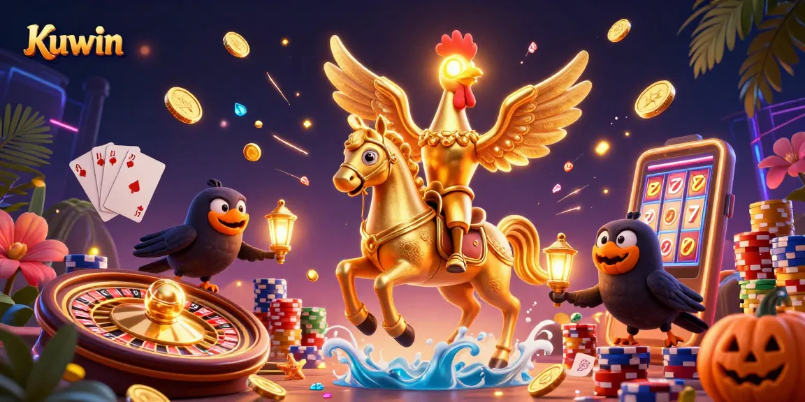 Kuwin's golden rooster mascot celebrates wins in a lively casino, illuminated by sparkling gems and gold coins.