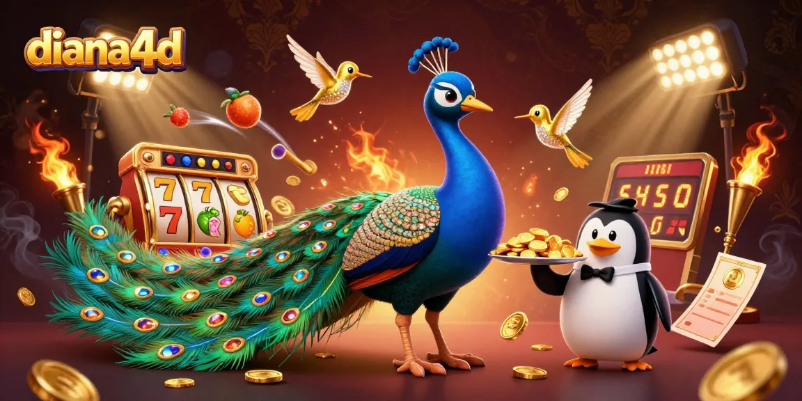 Play slots dynamically with diana4d, featuring vibrant peacock and gold chips in a lively casino scene.